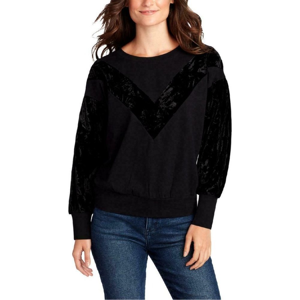 William Rast Womens Black Hannah Sweatshirt Velvet Inlay Crew Pullover Large NEW